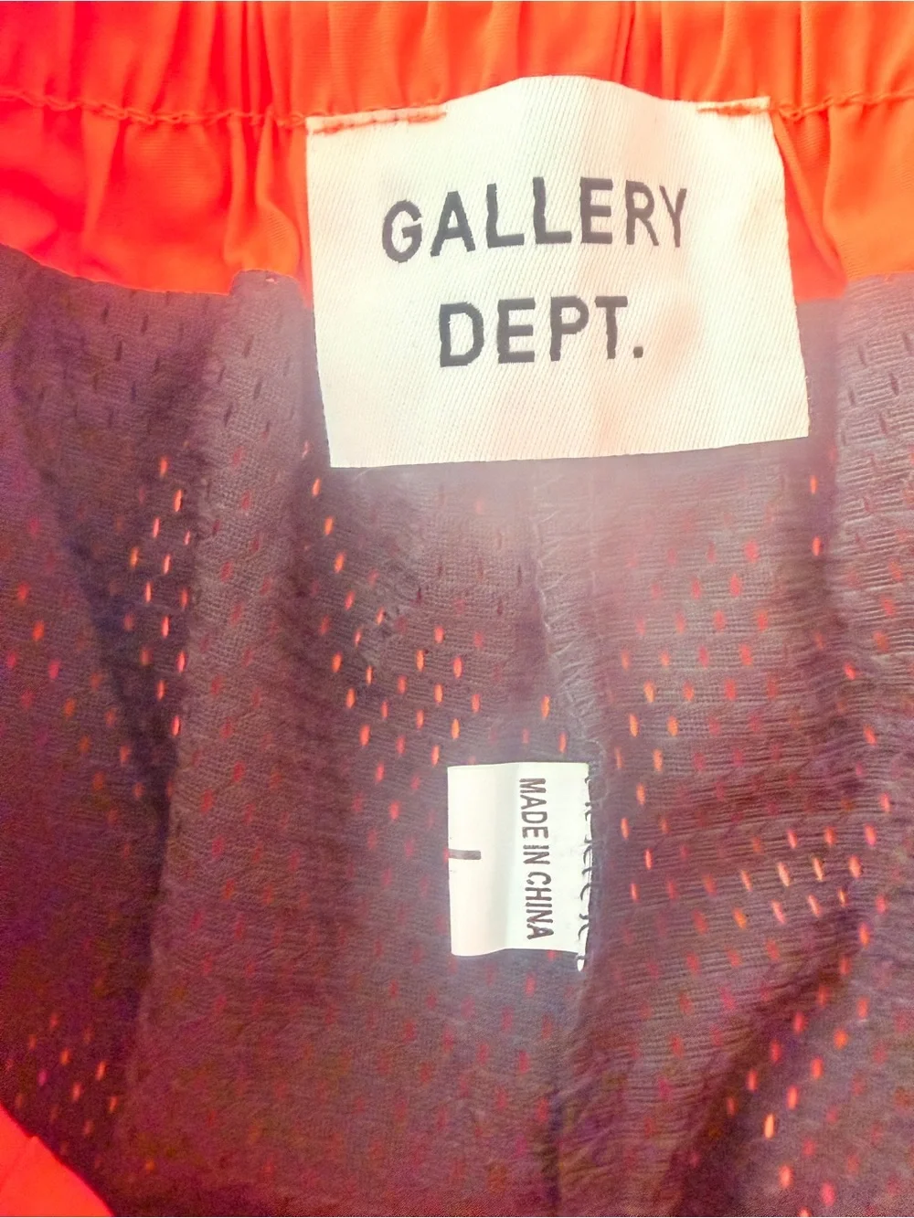 Gallery Dept. Swim Shorts Mens Large Orange Mesh Lined Elastic Waist Logo Trunks